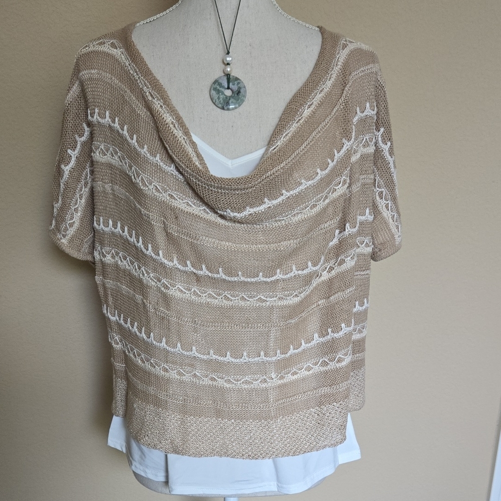Anthropologie Knitted & Knotted Short Sleeve Light Knit Cowl Sweater Tee Tan - S